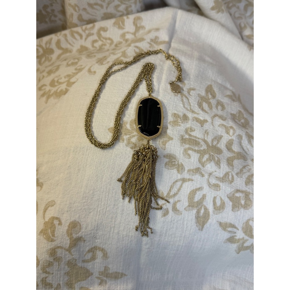 Kendra Scott Rayne Long Pendant Necklace Gold Tone Black Stone Tassel